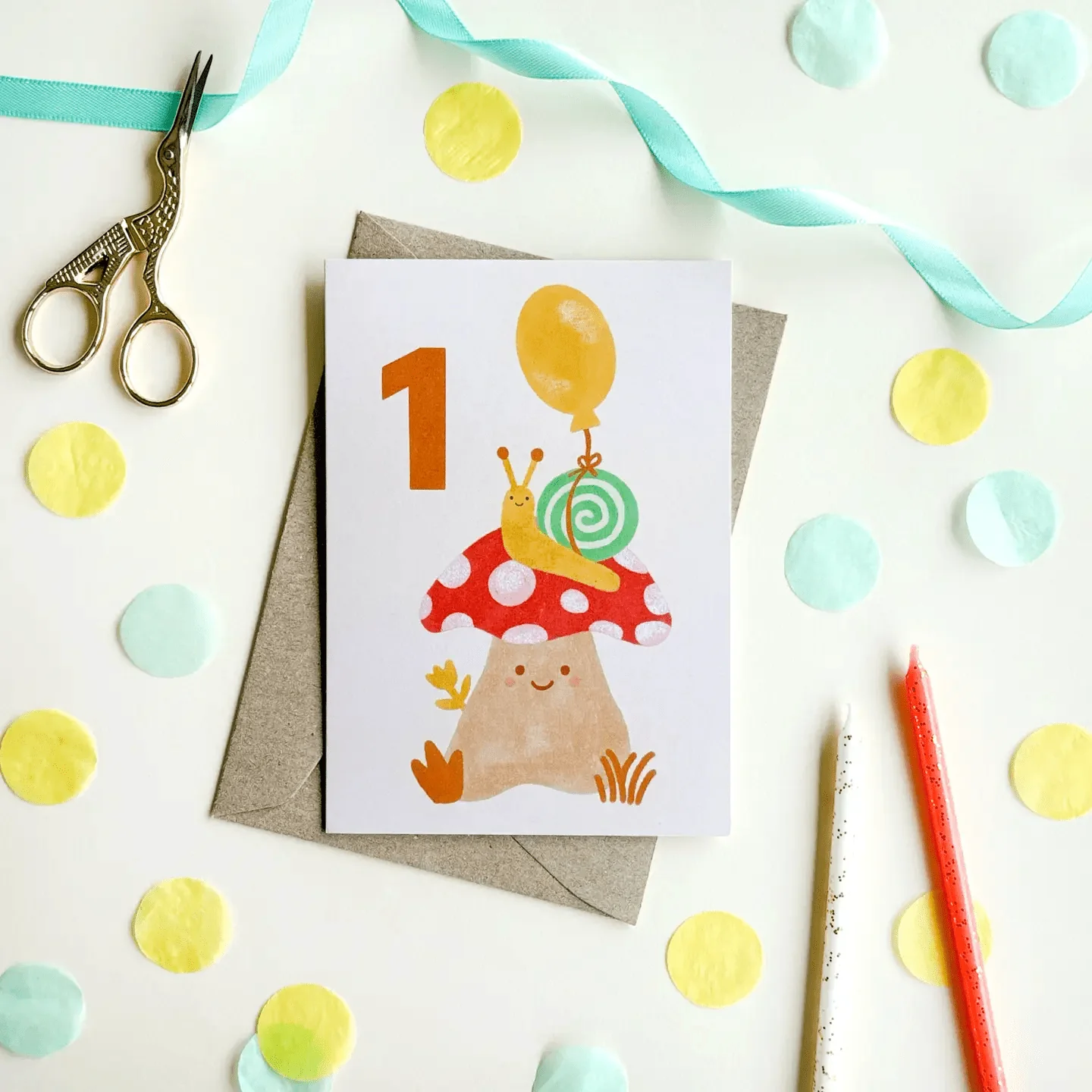 Age 1 Mushroom Snail Birthday Card - Image 2